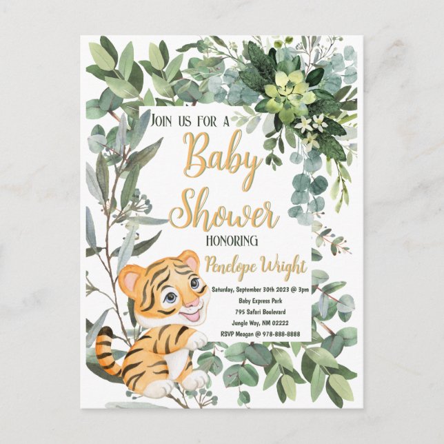 Postal Watercolor Tiger Safari Selva Baby Shower (Anverso)