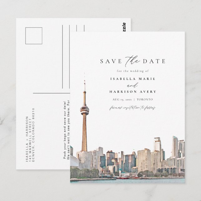Postal Watercolor Toronto Canada Skyline Save the Date (Anverso / Reverso)