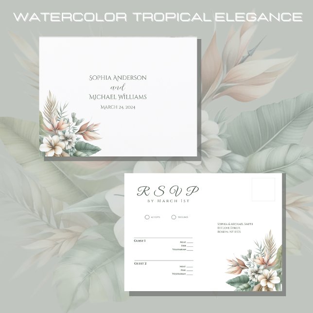 Postal Watercolor Tropical Elegance-RSVP-Boda- (Watercolor Tropical Elegance Wedding Collection-RSVP- Green and Peach)