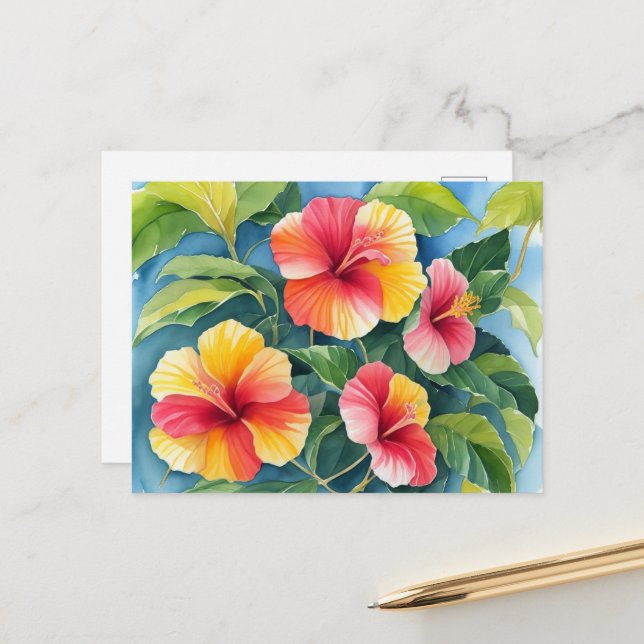 Postal Watercolor Tropical Hawai Rojo Amarillo Hibiscus (Anverso/Reverso In Situ)