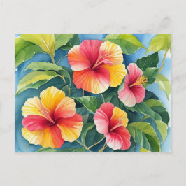 Postal Watercolor Tropical Hawai Rojo Amarillo Hibiscus