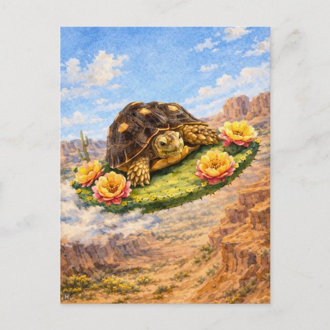 Postal Watercolor Turtle flying on a magic cactus pad (Anverso)