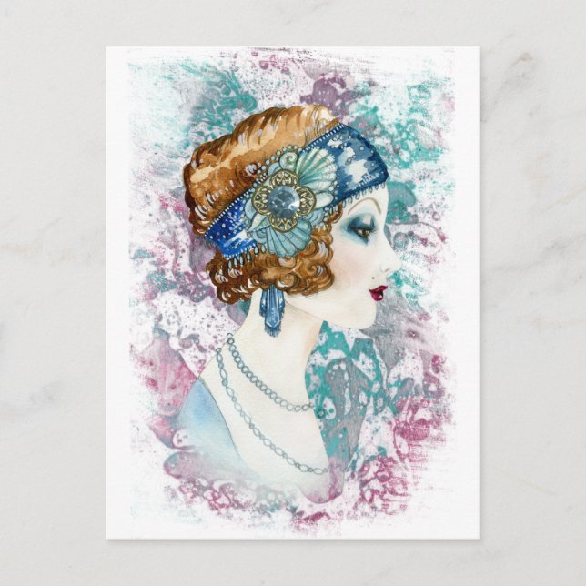 Postal Watercolor Twentis Art deco flapper chica (Anverso)