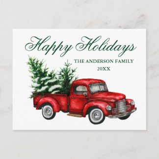 Postal Watercolor Vintage Red Truck Happy Holidays