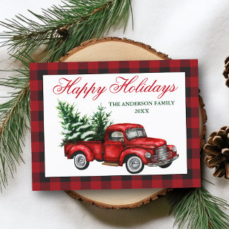Postal Watercolor Vintage Red Truck Plaid Happy Holidays
