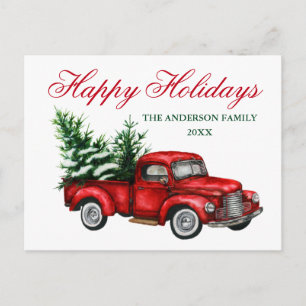 Postal Watercolor Vintage Red Truck Tree Happy Holidays