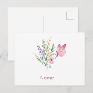 Postal Watercolor Wildflower Bouquet with Pink Butterfly