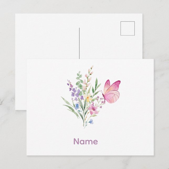 Postal Watercolor Wildflower Bouquet with Pink Butterfly (Anverso / Reverso)