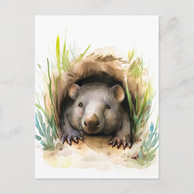 Postal Watercolor Wombat Peeking from Burrow (Anverso)