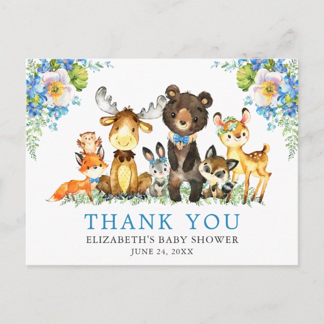 Postal Watercolor Woodland Animals Baby Shower Blue (Anverso)