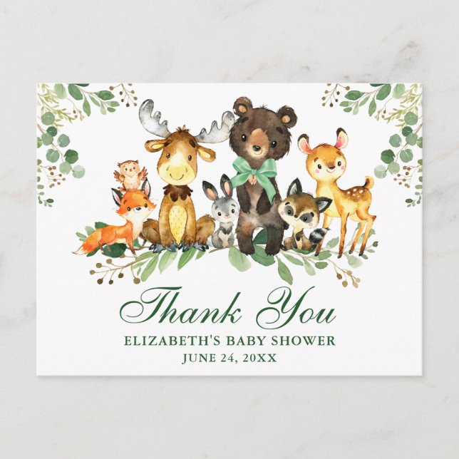 Postal Watercolor Woodland Animals Bow Gracias Ducha (Anverso)