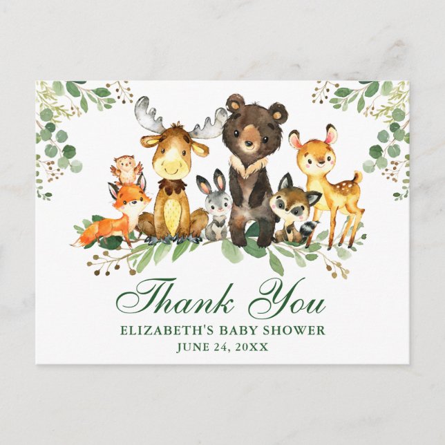 Postal Watercolor Woodland Animals Gracias Baby Shower (Anverso)