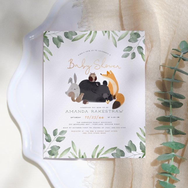 Postal Watercolor Woodland Animals Greenery Baby Shower (Subido por el creador)