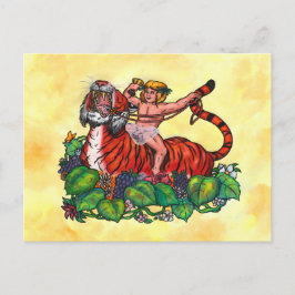 Postal Watercolor Young Bacchus sonriendo montando un tig
