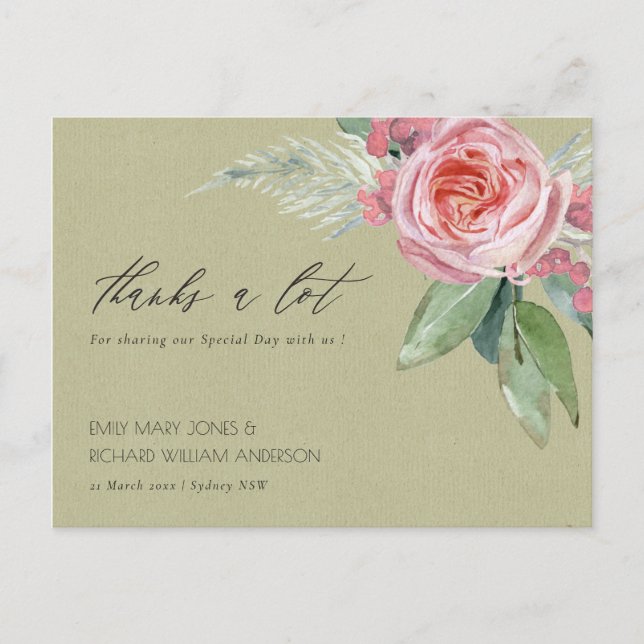 POSTAL WATERCOLOUR PINK FLOWER GREEN FOLIAGE THANK YOU (Anverso)