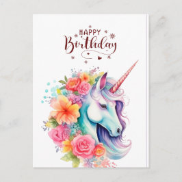 Postal Watercolour Unicorn Floral Happy Birthday PostCard