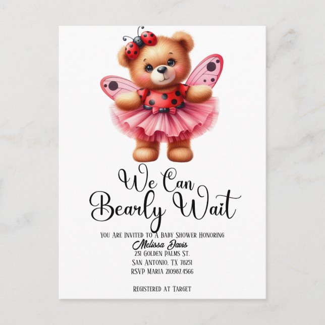 Postal We Can Bearly Wait Girl Baby Shower Invitation (Anverso)