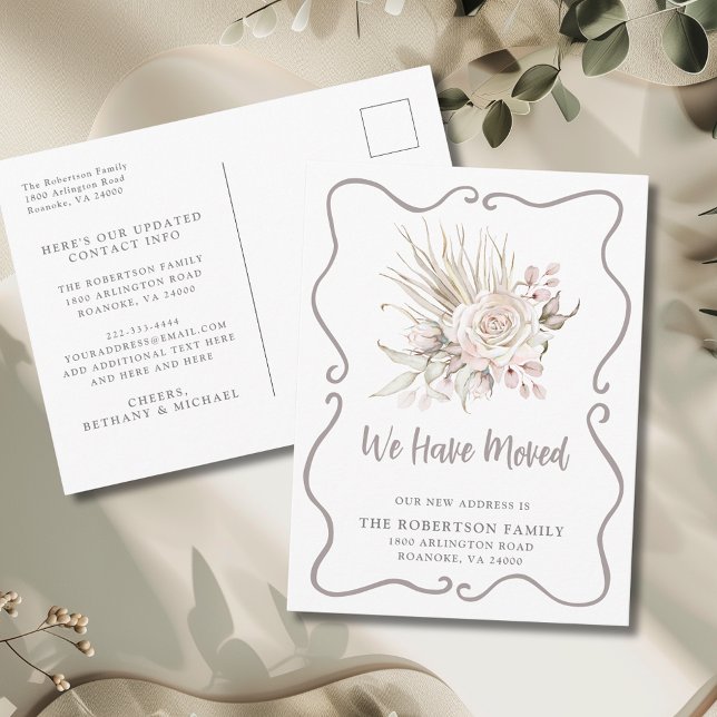 Postal We Have Moved Boho Blush Roses New Address (We Have Moved Boho Blush Pink Roses and Eucalyptus New Address Postcard)
