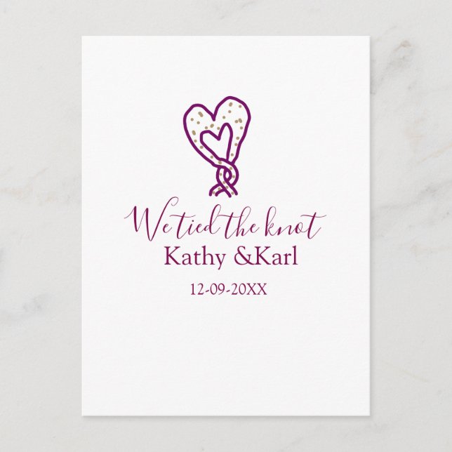 Postal We tied the knot pink heart knots name date romant (Anverso)