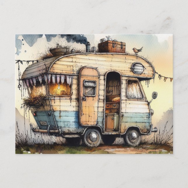 Postal Weathered Caravan Camper RV Watercolor Style  (Anverso)