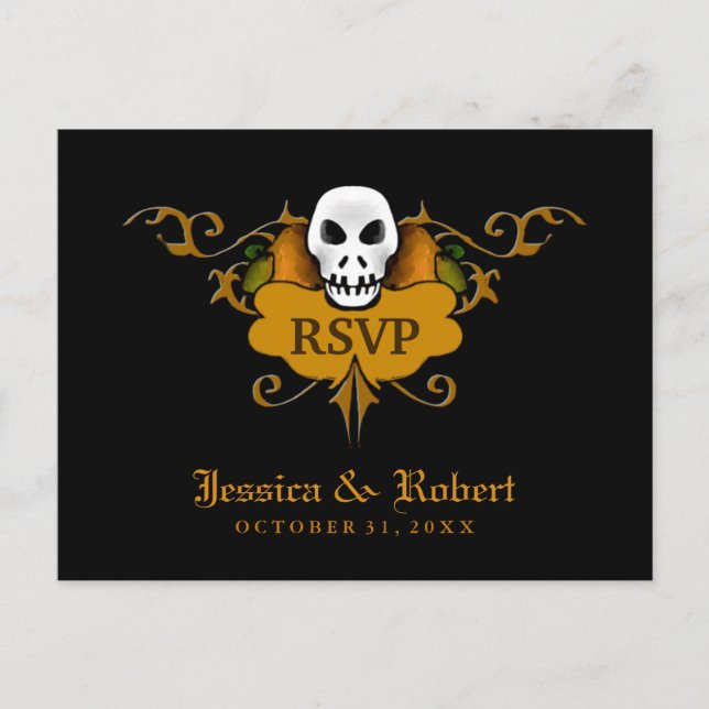 Postal Wed RSVP - Naranja de cráneo de Halloween y (Anverso)