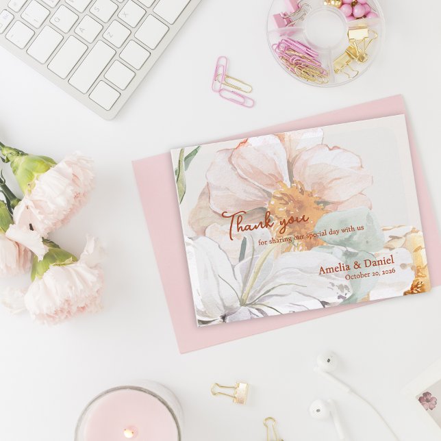 Postal Wedding Thank You Card | Blush Peach Floral (Floral Wedding Thank You Card | Blush Peach Watercolor Flowers)