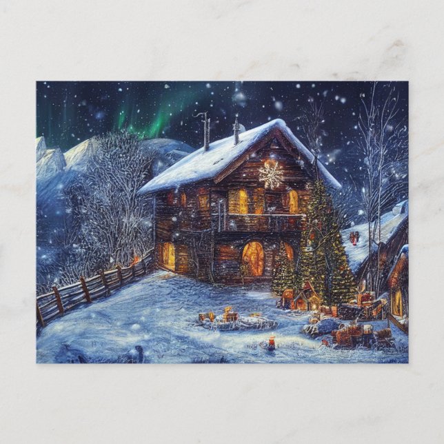 Postal Weihnachten in den Bergen. Almhütte mit Polarlicht (Anverso)
