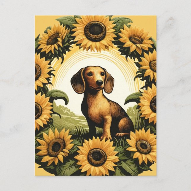 Postal Weiner Dog Dachshund Art Sunflowers (Anverso)