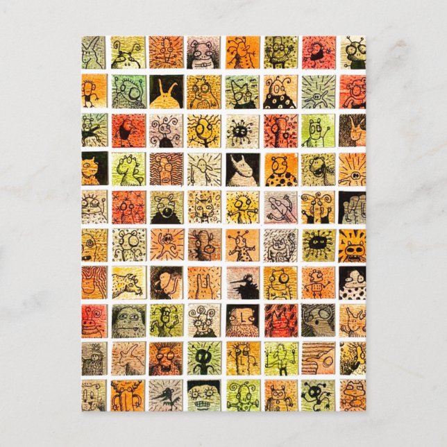 Postal Weird Strange Cartoon Faces Color Squares (Anverso)