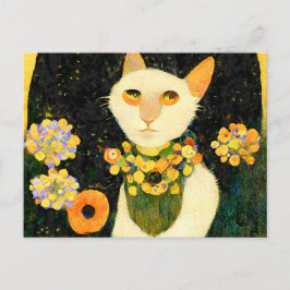 Postal Weiße Katze mit Blumen. Jugendstil gemalt.