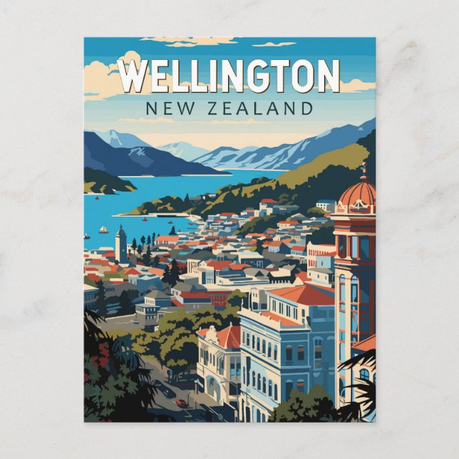 Postal Wellington Nueva Zelanda Viaje Arte Vintage (Anverso)