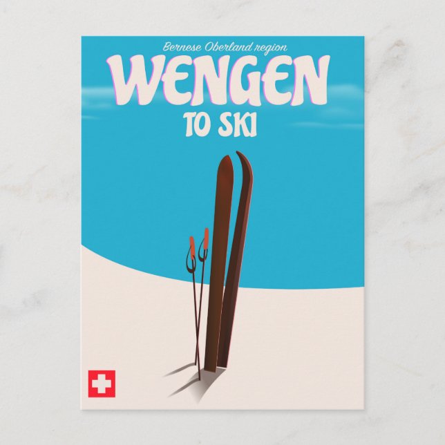 Postal Wengen, Suiza, Poster de esquí (Anverso)