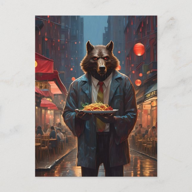 Postal werewolf con un plato grande de carne de vaca mein (Anverso)