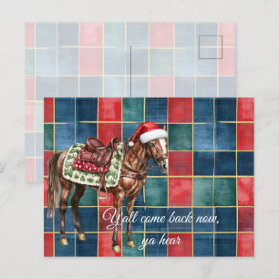 Postal Western Blue Red Horse Feliz Navidad Y'all