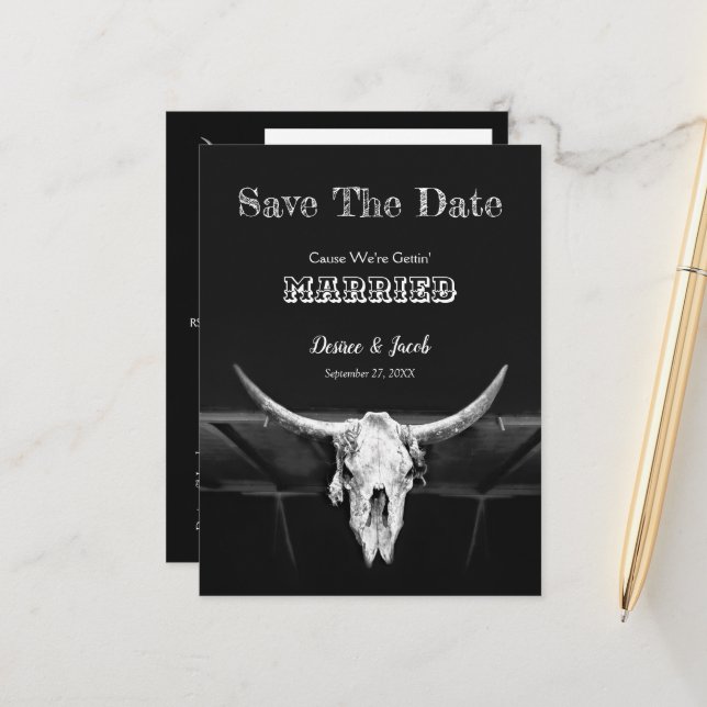 Postal Western Skull Rustic Black And White Save The Date (Anverso/Reverso In Situ)