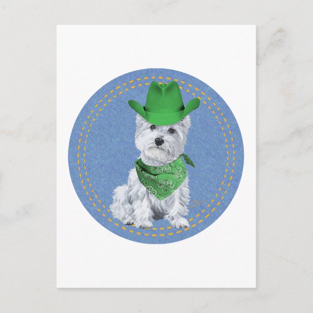 Postal Westie Cowboy sobre Denim (Anverso)