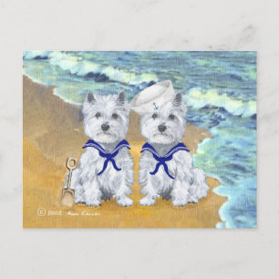 Postal Westie Sailor Twins en la Playa