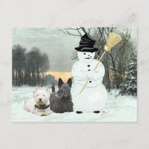 Postal Westie y Scottie construyen un muñeco de nieve