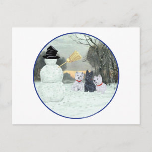 Postal Westies y Scottie con el muñeco de nieve