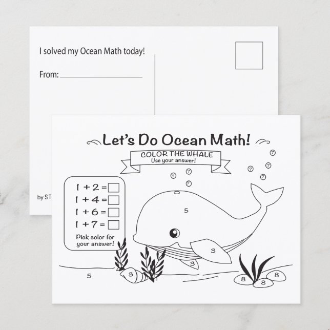 Postal Whale Ocean Math Coloring Postcard (Anverso / Reverso)