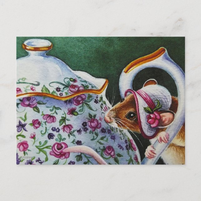 Postal Whimical Tea Time Mouse White Bonnet Watercolor (Anverso)