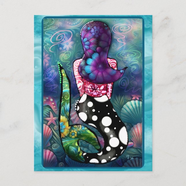 Postal Whimsical Abstract Mermaid Nautical Teal Seashells (Anverso)