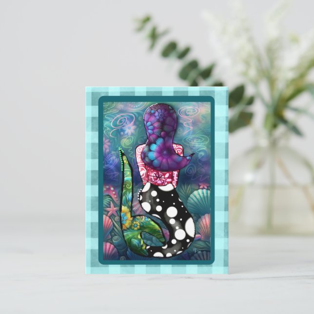 Postal Whimsical Abstract Mermaid Nautical Teal Seashells (Anverso de pie)