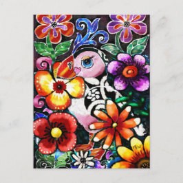 Postal Whimsical Abstract Puffin Bird in Flowers