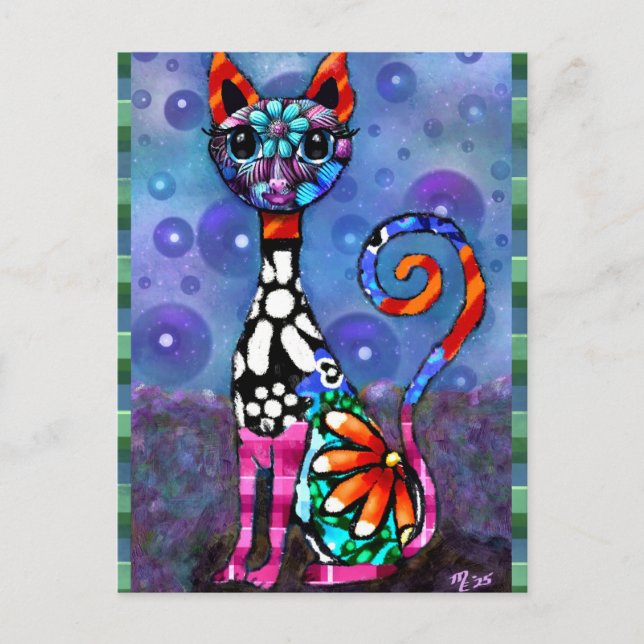 Postal Whimsical Big-Eyed Funky Abstract Kitty Cat (Anverso)