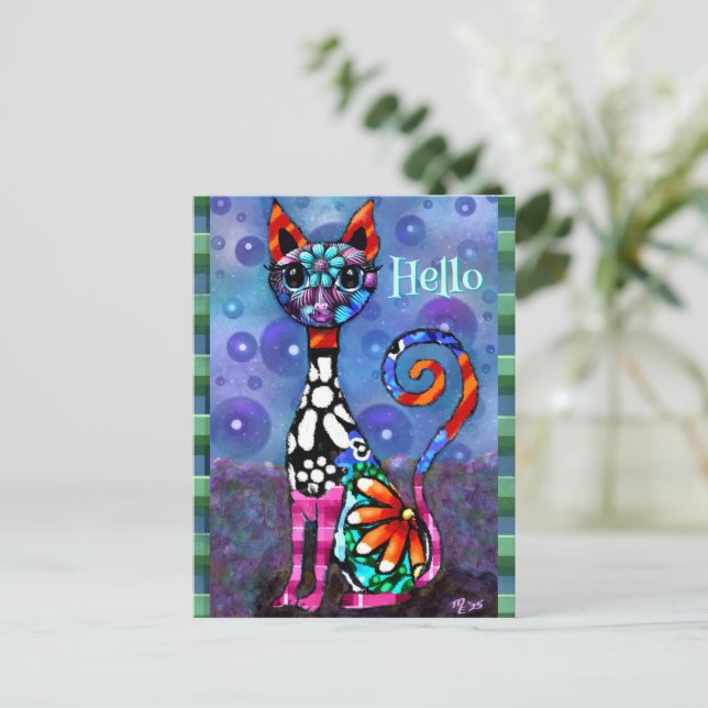 Postal Whimsical Big-Eyed Funky Kitty Cat Personalilzed (Anverso de pie)