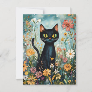 Postal Whimsical Black Cat con Ilustracion de flores silv