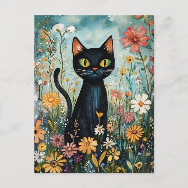 Postal Whimsical Black Cat con Ilustracion de flores silv (Anverso)
