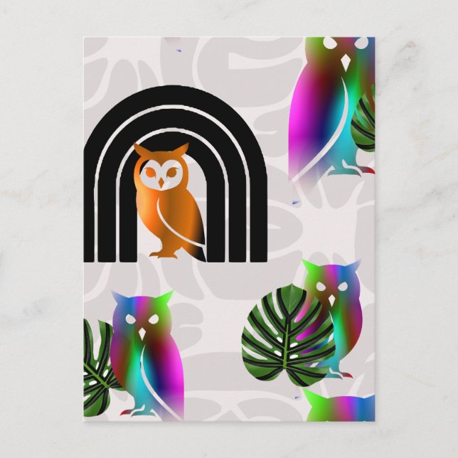 Postal Whimsical Boho Owl & Tropical Monstera Leaf (Anverso)