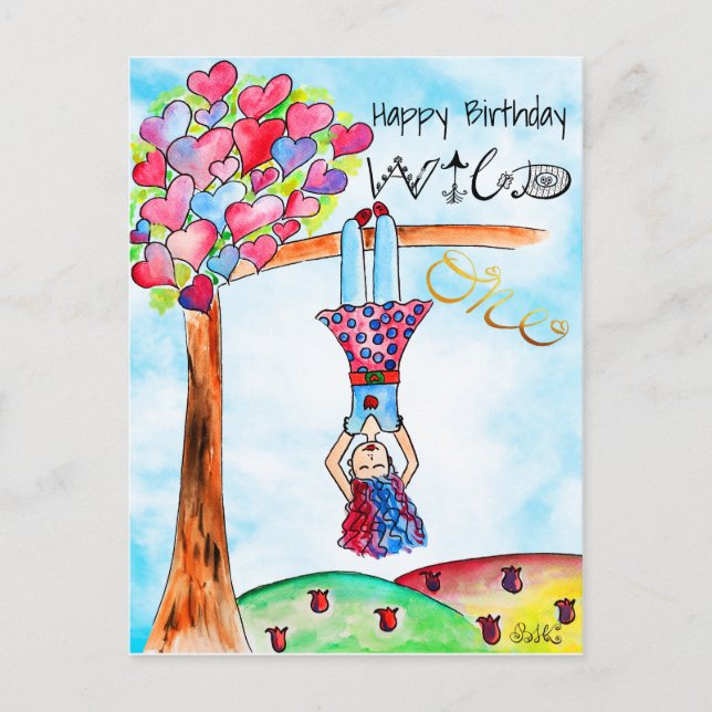 Postal Whimsical boho WILD ONE Chica colorido cumpleaños (Anverso)